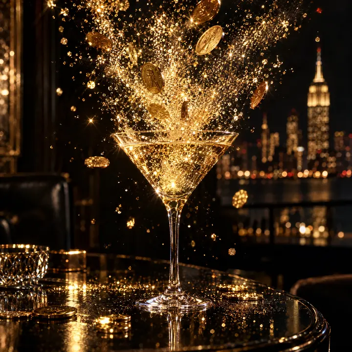 Gold fairy dust bursting from a martini glass